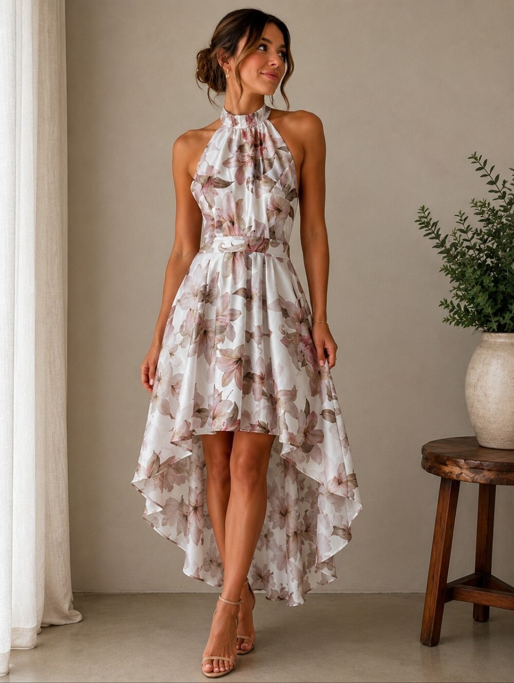 White and Pink Sleeveless Halter High Low Sundress